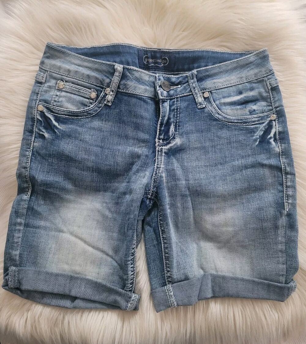 Project Indigo Jean Shorts Juniors Sz 3 Bermuda Denim Embellished Rhinestones